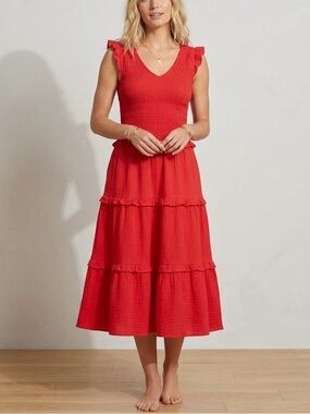 C&C California Women’s Red Smocked Gauze Flutter Sleeve Midi Dress